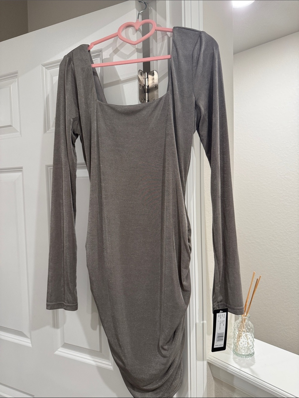 bebe Silver-Gray Ruched V-Back Bodycon Dress